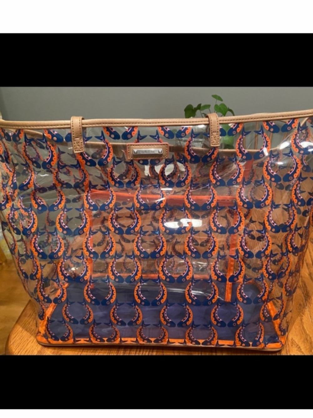 New Stella & Dot Clear Tote with Navy and Orange Printed Pattern